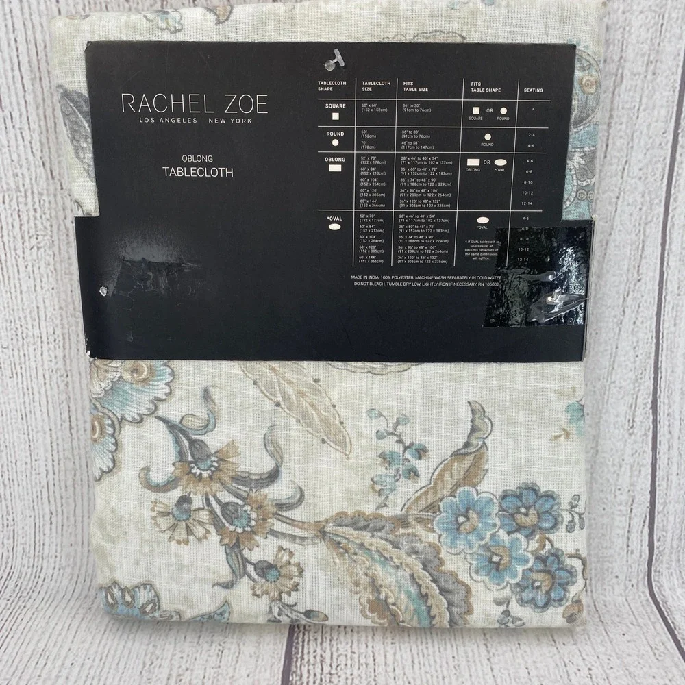 Rachel Zoe Tablecloth 60x104 Blue Grey Floral Paisley Medallion Boho Shabby Chic